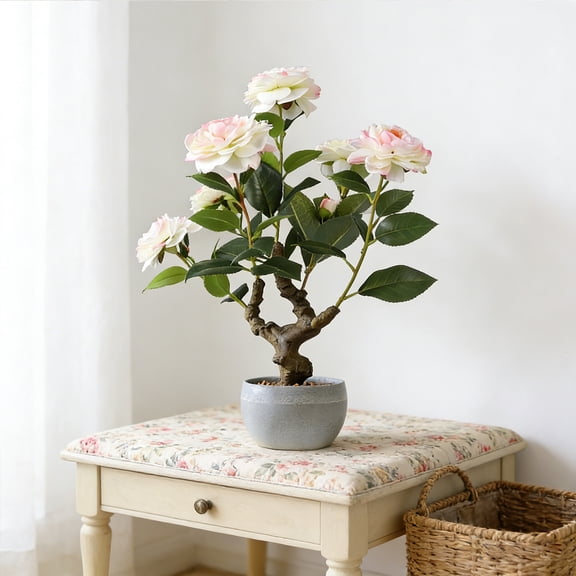 Artificial Camellia Tree Faux Plastic Leaves Plant Faux Light Pink Flower Plant with Plastic Planter for Home Office Living Room Bedroom Indoor Tabletop Desk