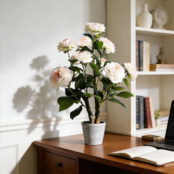 Artificial Camellia Tree Natural Trunk Faux Plastic Leaves Plant Faux Light Pink Flower Plant with Plastic Planter for Home Office Living Room Bedroom Indoor Tabletop Desk