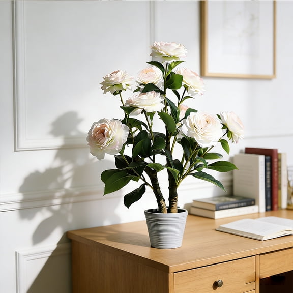 Artificial Camellia Tree Natural Trunk Faux Plastic Leaves Plant Faux Light Pink Flower Plant with Plastic Planter for Home Office Living Room Bedroom Indoor Tabletop Desk