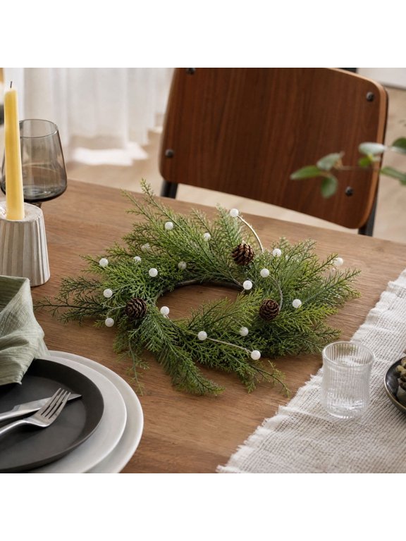 Artificial Candle Ring Wreath Faux Pinecone Table Centerpiece Winter Botanical Base For Pillar Votive Holders