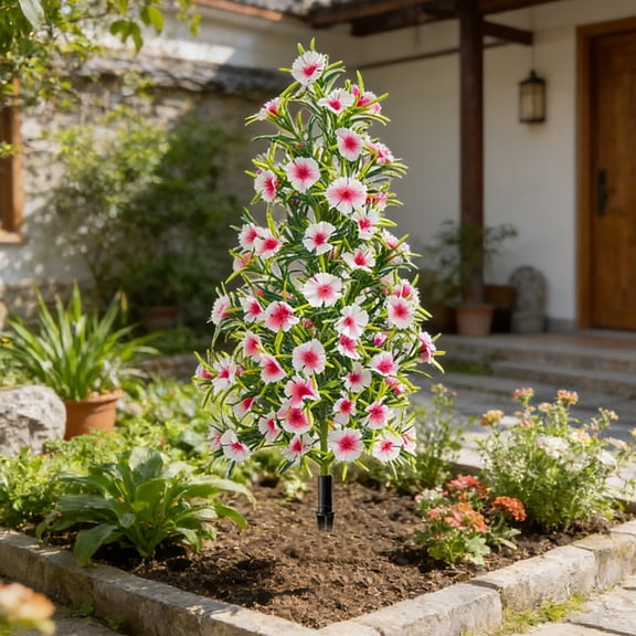 Artificial Carnation Bush Stake, White Floral Ground Insert, Decorative Garden Stakes For Outdoor Patio Yard Decoration