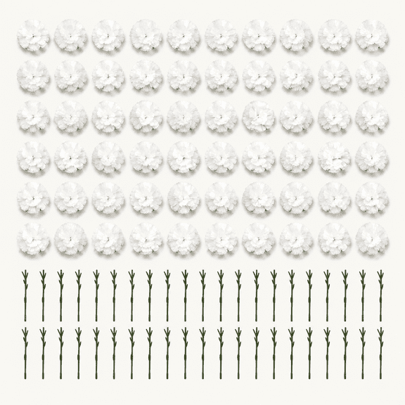 Artificial Carnation Flower, 50 Pcs White Silk Carnation Bulk with Stem