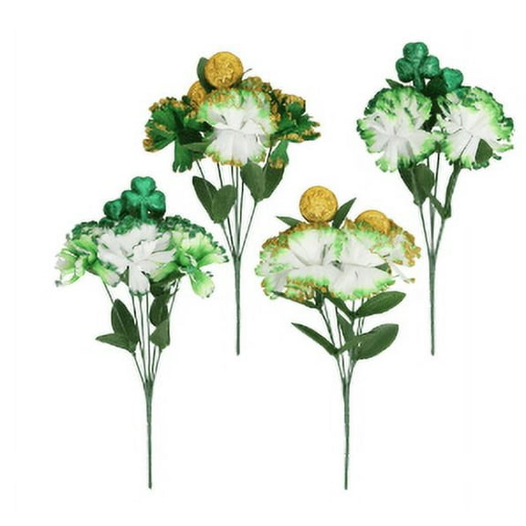 Artificial Carnation Flower Bouquet, Green and White with Gold Accents, 4 Stems