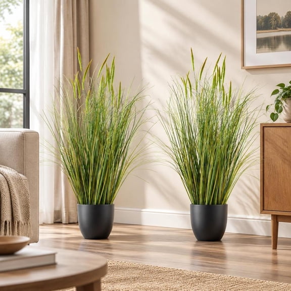 Artificial Cattail Grass, 2 Pack 35 Inch Pvc Fake Plant in Pot, Green, For Indoor Outdoor Home Garden Decor