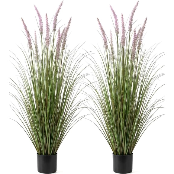 Artificial Cattail Grass 48 Inch Tall Reed Plants 2 Pack with Purple Heads in Weighted Pot