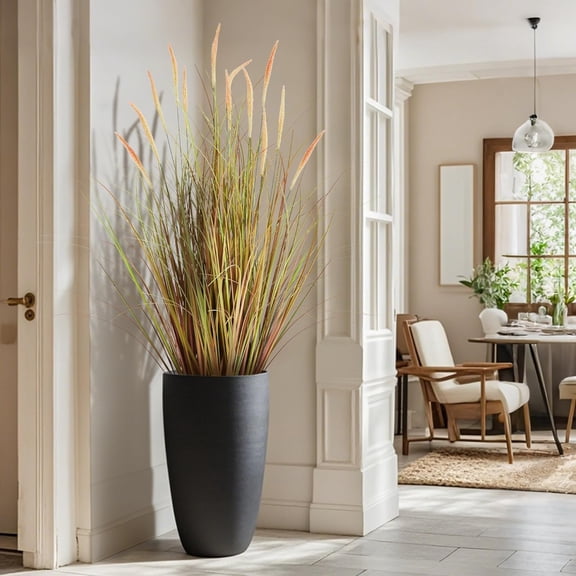 Artificial Cattail Reed Grass, Artificial Indoor Outdoor Fake Onion Grass, Home Office Wedding Decorative Artificial Plants in Pot Faux Floor Plant Greenery, Pink