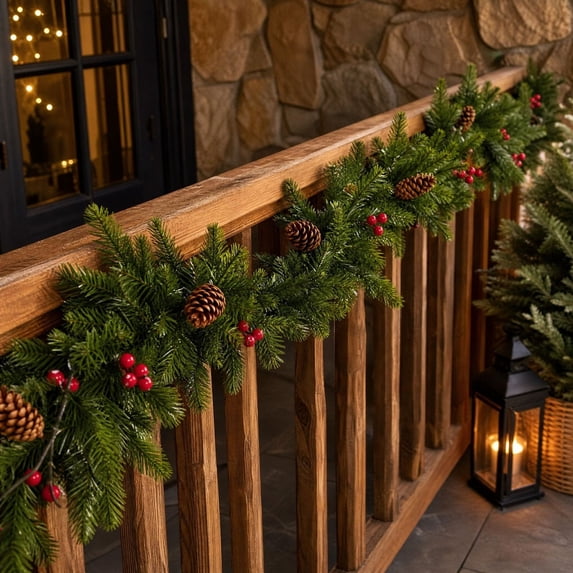 Artificial Cedar Christmas Garland with Berries Pinecones, 6FT Xmas Mantle Fireplace Table Stair Railing Holiday Indoor Decor