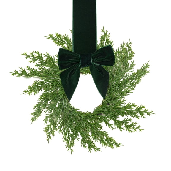 Artificial Cedar Christmas Wreath,10.6 Inch Lifelike Faux Pine Needle Wreath With Bow Ribbon,Seasonal Hanging Ornament,Holiday Decor for Front Door Home Wall Window Mantel Farmhouse Xmas Decor
