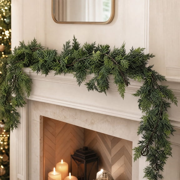 Artificial Cedar Garland 5.9ft Green Faux Needle Decor Gift for Fireplace Mantel Doorway Home Accent for Indoor Outdoor Holiday Party Winter Decoration