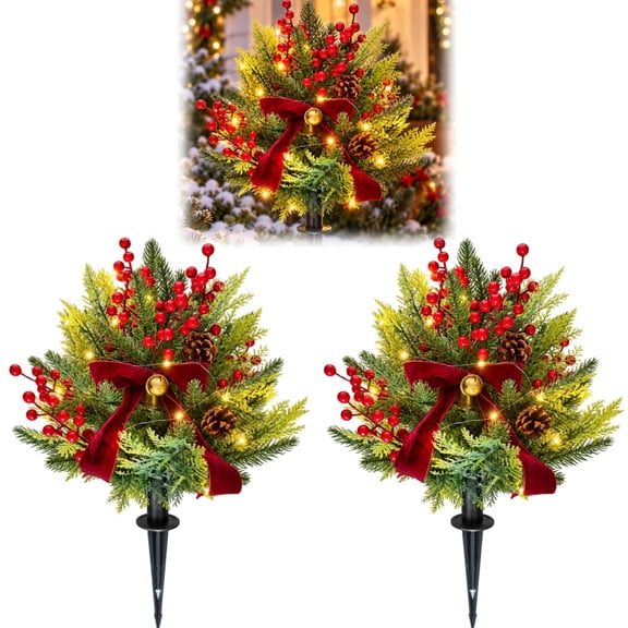 Artificial Cedar Needle Ground Stake with LED Lights, 23.6" Christmas Decorations Outdoor, Red Berries Pine Cones, Garden Decor for Outside, Farmhouse Style Porch & Garden Holiday Accent,2pcs