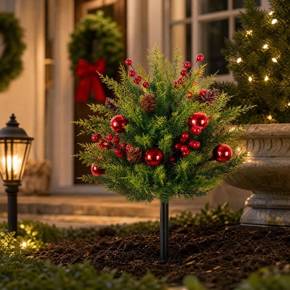 Artificial Cedar Pine Christmas Ground Stake With Red Ball Ornaments And Pinecones - 60Cm Outdoor Yard Decoration With Spike