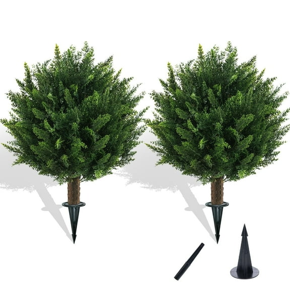 2 15.8in Artificial Cedar Shrub Balls - UV Resistant, with Ground Spikes for Ground/Pots