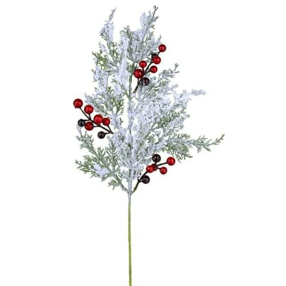Artificial Cedar Spray Branch with Frosted Finish and Berry Accents for Seasonal Home and Office Decoration Display