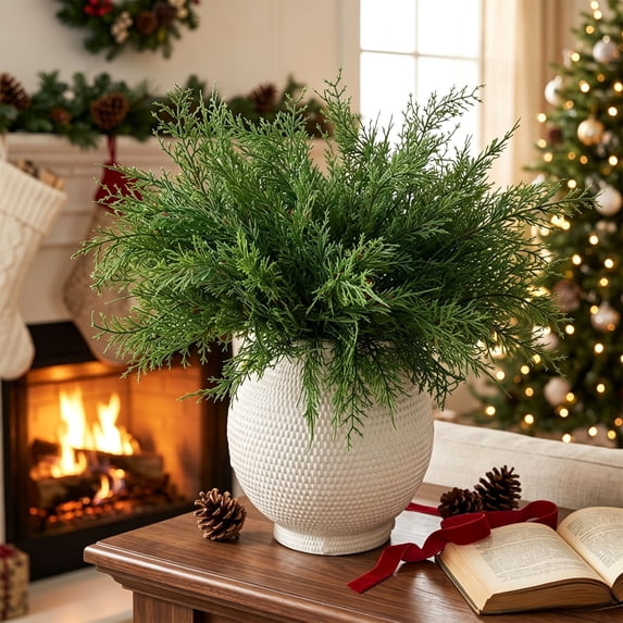 Artificial Cedar Sprigs 14.9 Inch Faux Evergreen Branches with Red Berry Picks Realistic Plastic Pine Stems for Christmas Wreaths Holiday Mantel Vase Centerpiece Decor