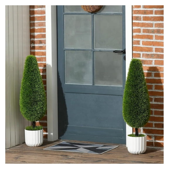 Artificial Cedar Teardrop Bush (2 Pack), 3ft Greenery Plants with Pot - Indoor Outdoor Home Office Decor
