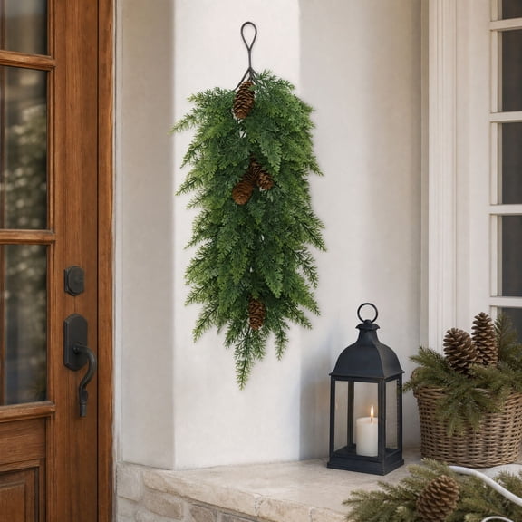 Artificial Cedar Teardrop Swag, Lifelike Evergreen Cypress Hanging Swag with Natural Pinecones, Greenery Teardrop Wreath for Front Door, Fireplace Mantel, Wall Christmas Holiday Decoration