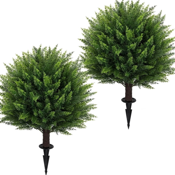 XUESON 24 Inch Artificial Cedar Topiary Ball Trees Set of 2, UV Resistant Faux Plants with Ground Spike, Indoor Outdoor Front Porch Garden Decor