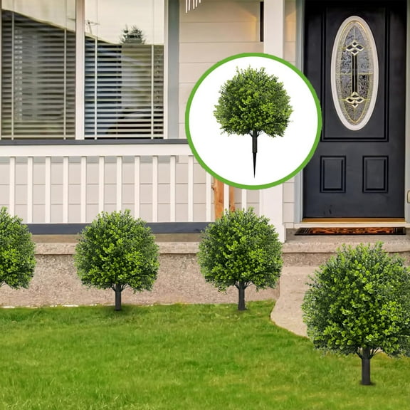 Artificial Cedar Topiary Ball Tree with Ground Spike | 23.6 Inch Faux Outdoor Shrub Bush | Green Plastic Plant for Patio Garden Front Porch Balcony Decoration | Maintenance Free, Durable