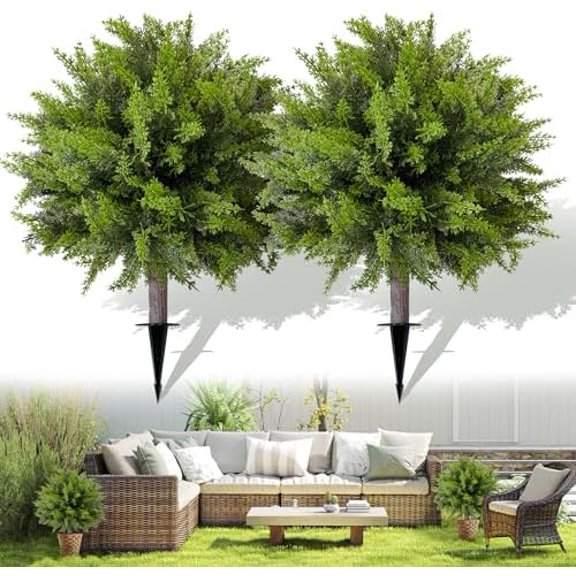 Artificial Cedar Topiary Ball Tree with Ground Spike: 23 Inch 2 Pack UV Resistant Faux Green Cypress Shrubs Plants Fake Bushes for Front Porch, Garden, Indoor and Outdoor Home Decor