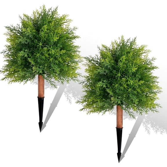 Artificial Cedar Topiary Ball Trees, Set of 2 28" UV Resistant Fake Plants with Realistic Evergreen Foliage, Faux Shrubs with Ground Spikes, Bushes for Outdoor Front Porch Patio Indoor Garden Decor