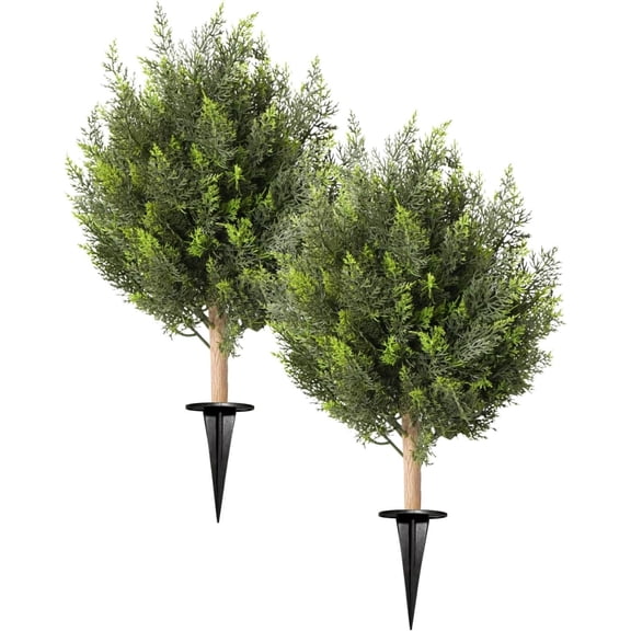 Artificial Cedar Topiary Ball Trees, Set of 2  Shrub Bushes with Ground Spike,  Artificial Cypress Trees, Evergreen Shrubs Bushes Faux  for Front Porch Garden Backyard