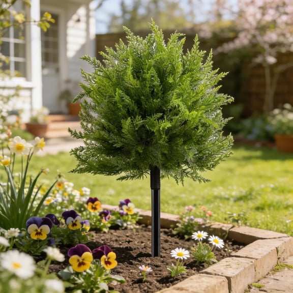Artificial Cedar Topiary Ball Trees, UV Resistant Fake Evergreen Shrubs Bushes Plants, Realistic Artificial Ground Stake Tree with Ground Spike Fake Plants, for Outdoor Indoor Front Porch Garden