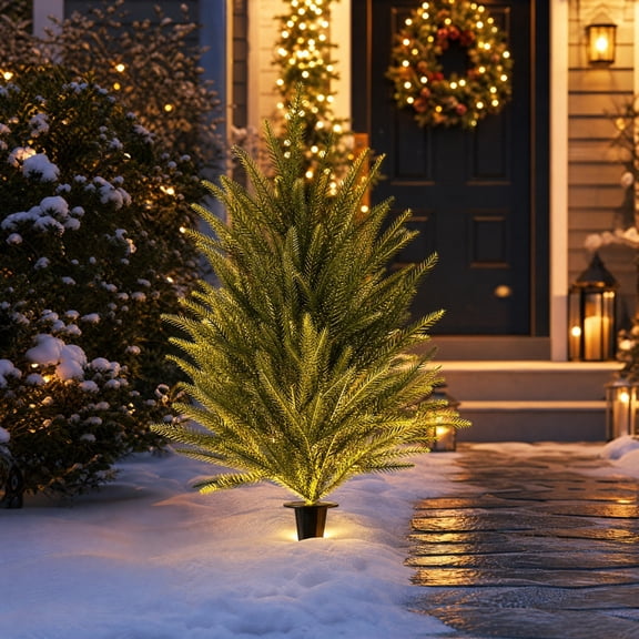 Artificial Cedar Topiary Christmas Tree with Ground Stake, PVC Green Small Christmas Tree for Yard Porch Outdoor Holiday Decor