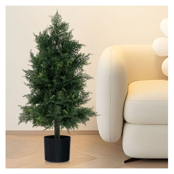 Artificial Cedar Topiary Tree - 31.5 inch Greenery, UV Resistant, Indoor Outdoor Decor - with 6 inch Pot for Porch, Patio & Office