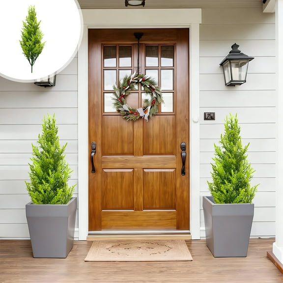 Artificial Cedar Topiary Tree with Ground Spike, 17.7-Inch Faux Plant for Outdoor or Indoor Use, Plastic Shrub Bush for Front Porch, Patio, or Room Decor