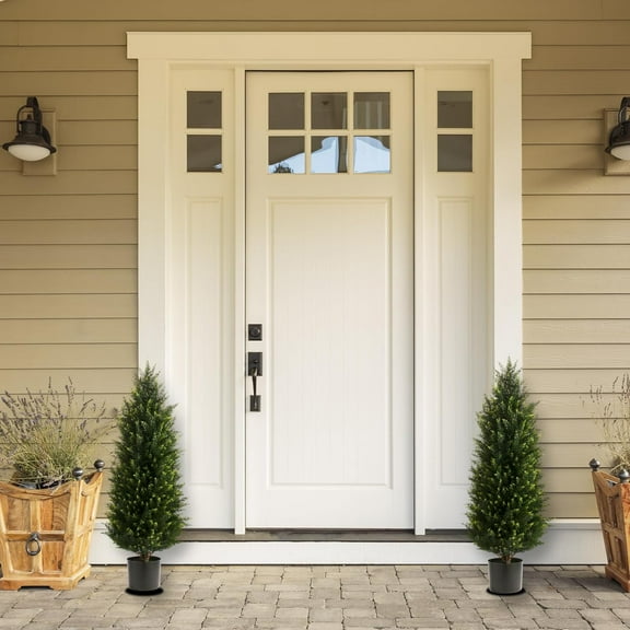 Artificial Cedar Topiary Trees, 2 Pack Uv Resistant Faux Outdoor Plants, Front Door Cypress Tree Decor Outdoor Entrance, Tall Fake Outside Plants, Evergreen Arborvitae Plastic Indoor Plant