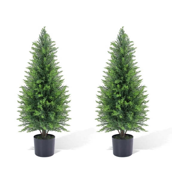 Artificial Cedar Topiary Trees, 3FT Faux Pine Shrubs Plants, Fake Silk Tree Look Real, Realistic Fake Plants Front Porch Decor, Artificial Bushes Cypress for Home Front Door Offices (2 Pack)