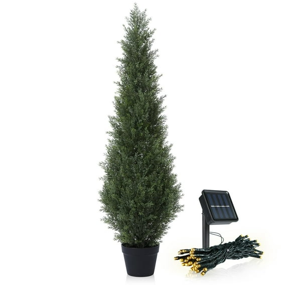 Artificial Cedar Topiary Trees for Outdoors 4ft Fake Cypress Plants with Solar Light String, Faux UV Resistant Plants for Home Front Porch Decor,Set of 1