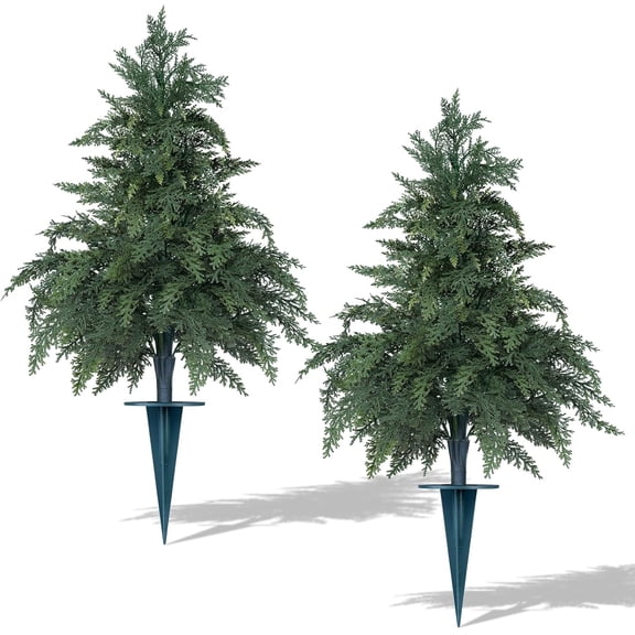 Artificial Cedar Topiary Trees with Ground Spike 2 Pack UV Resistant Faux Evergreen Cypress Shrubs for Indoor Outdoor Use