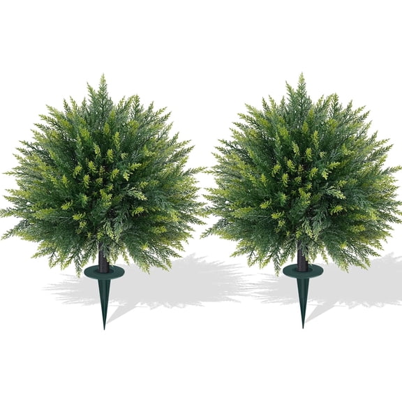 Artificial Cedar Topiary Trees with Ground Spike 2 Pieces UV Resistant Faux Evergreen Cypress Plants for Indoor Outdoor Use