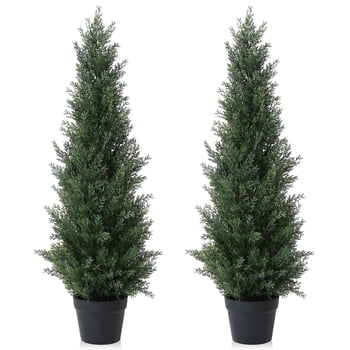 DR.Planzen Artificial Cedar Tree 2 Pack 3 ft Outdoor Artificial Topiary Cedar Plants Fake Tree UV Rated Potted Plants for Porch Decor Faux Pine Tree for Perfect Housewarming Gift