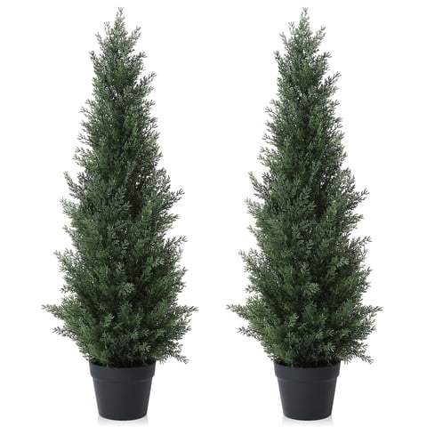DR.Planzen Artificial Cedar Tree 2 Pack 3 ft Outdoor Artificial Topiary Cedar Plants Fake Tree UV Rated Potted Plants for Porch Decor Faux Pine Tree for Perfect Housewarming Gift