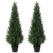 Artificial Cedar Tree 2 Pack 4 ft Outdoor Artificial Topiary Cedar Plants Fake Tree UV Rated Potted Tree for Perfect Housewarming Gift, Set of 2
