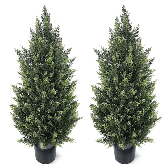 Artificial Cedar Tree 3FT Artificial Cedar Topiary Trees for Outdoors Potted Fake Cypress Trees Faux Evergreen Plants for Home Porch Decor Set of 2