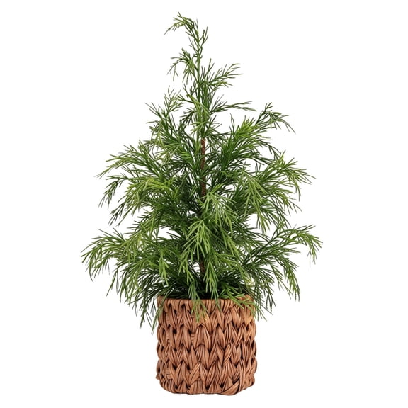 Artificial Cedar Tree with Woven Basket, Small Tabletop Plant for Indoor Home and Mantel, Christmas Winter Decor, 1 Pack