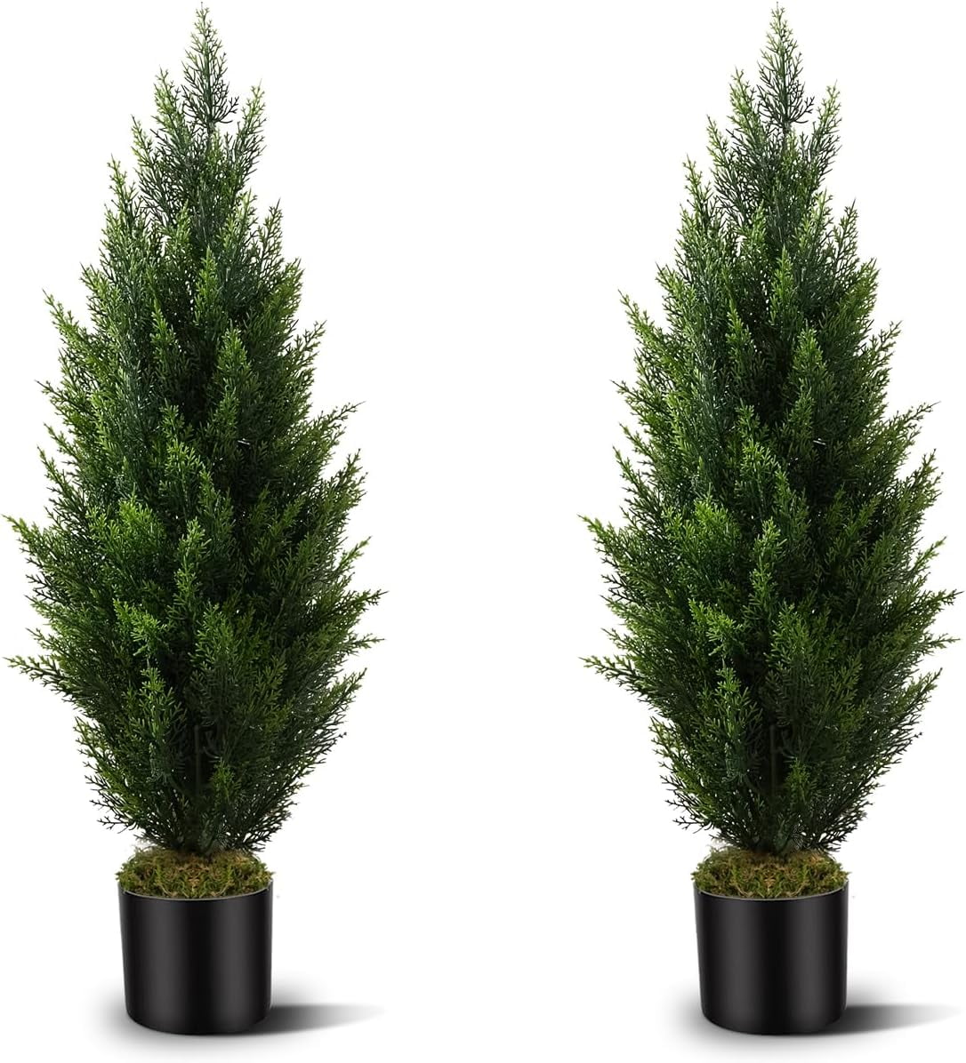 3ft Green Artificial Cedar Topiary Trees in Black Pots, Set of 2