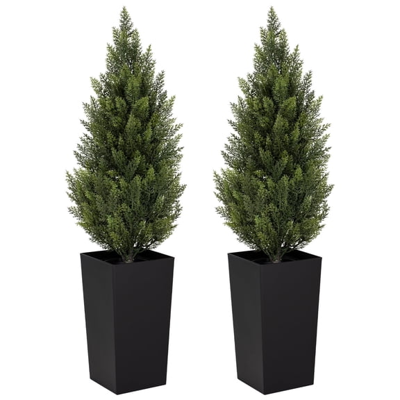 2 Pack 4FT Tall Artificial Cedar Topiary Trees with Black Square Planter & Imitation Wood Trunk, Lifelike Faux Evergreen Shrubs, Decor Greenery for Front Porch, Front Door, Garden, Indoor Living Room