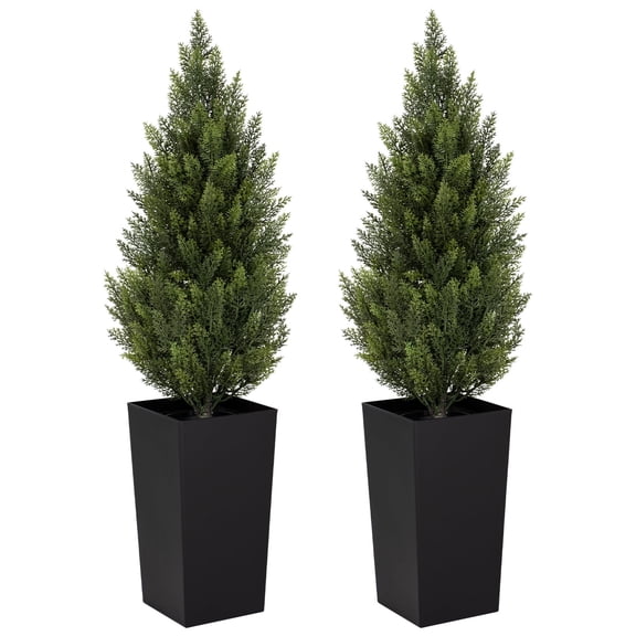 2 Pack 4FT Tall Artificial Cedar Topiary Trees with Black Square Planter & Imitation Wood Trunk, Lifelike Faux Evergreen Shrubs, Decor Greenery for Front Porch, Front Door, Garden, Indoor Living Room