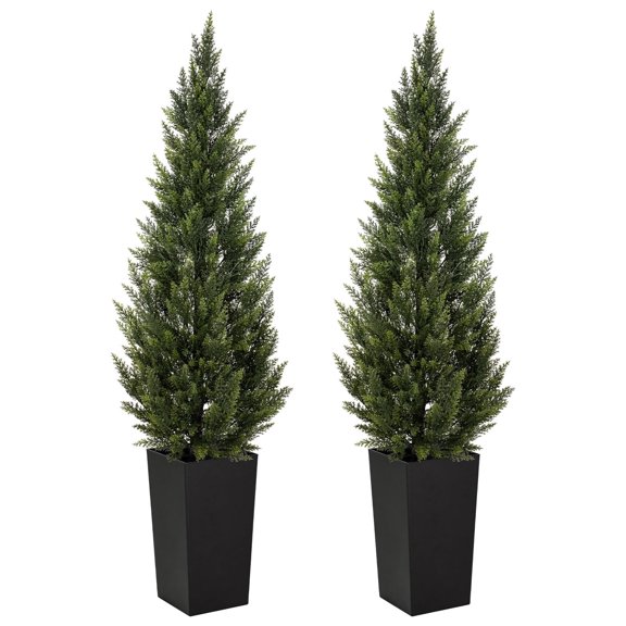 2 Pack 6FT Tall Artificial Cedar Topiary Trees with Black Square Planter & Imitation Wood Trunk, Lifelike Faux Evergreen Shrubs, Decor Greenery for Front Porch, Front Door, Garden, Indoor Living Room