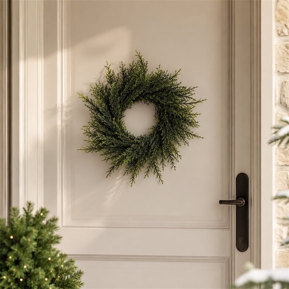 Artificial Cedar Wreath - Small Green Plastic Wreath for Front Door, Wall, and Window Decor