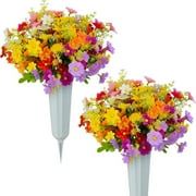 HANGTANWAN Artificial Cemetery Daisy Flowers Memorial Silk Daisy with Vase for Grave Headstone Decoration, Assorted Colors Daisy for Spring Summer Decoration