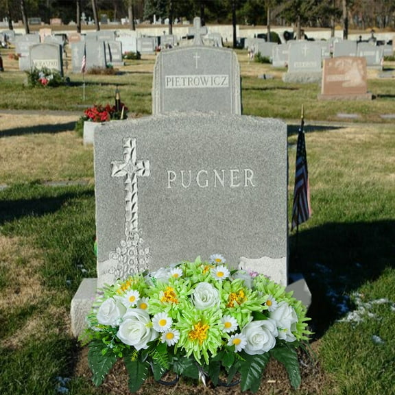 Outdoor Cemetery Flower Arrangement - Large Silk Rose Headstone Saddle, Fade-Resistant Grave Decor for Tombstones - Beautiful Memorial Flowers That Never Wilt