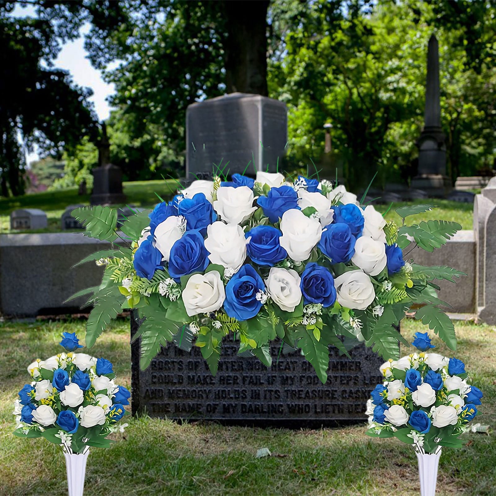 Artificial Cemetery Flower Bouquet with Saddle Weather-Resistant Realistic Silk Rose Memorial Arrangement Lasting Grave Decor for Headstones, Memorials & Cemetery Visits