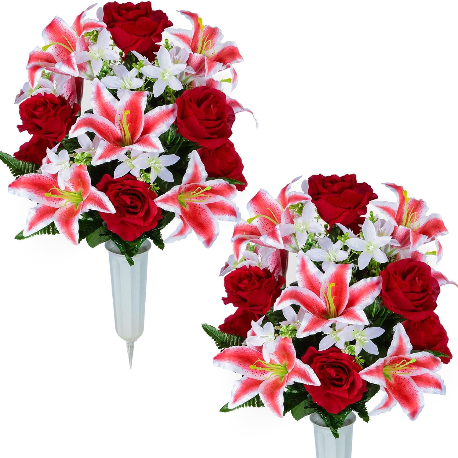 Artificial Cemetery Flower for Graves, Cemetery Memorial Flowers with Vase for Gravesite Outdoor
