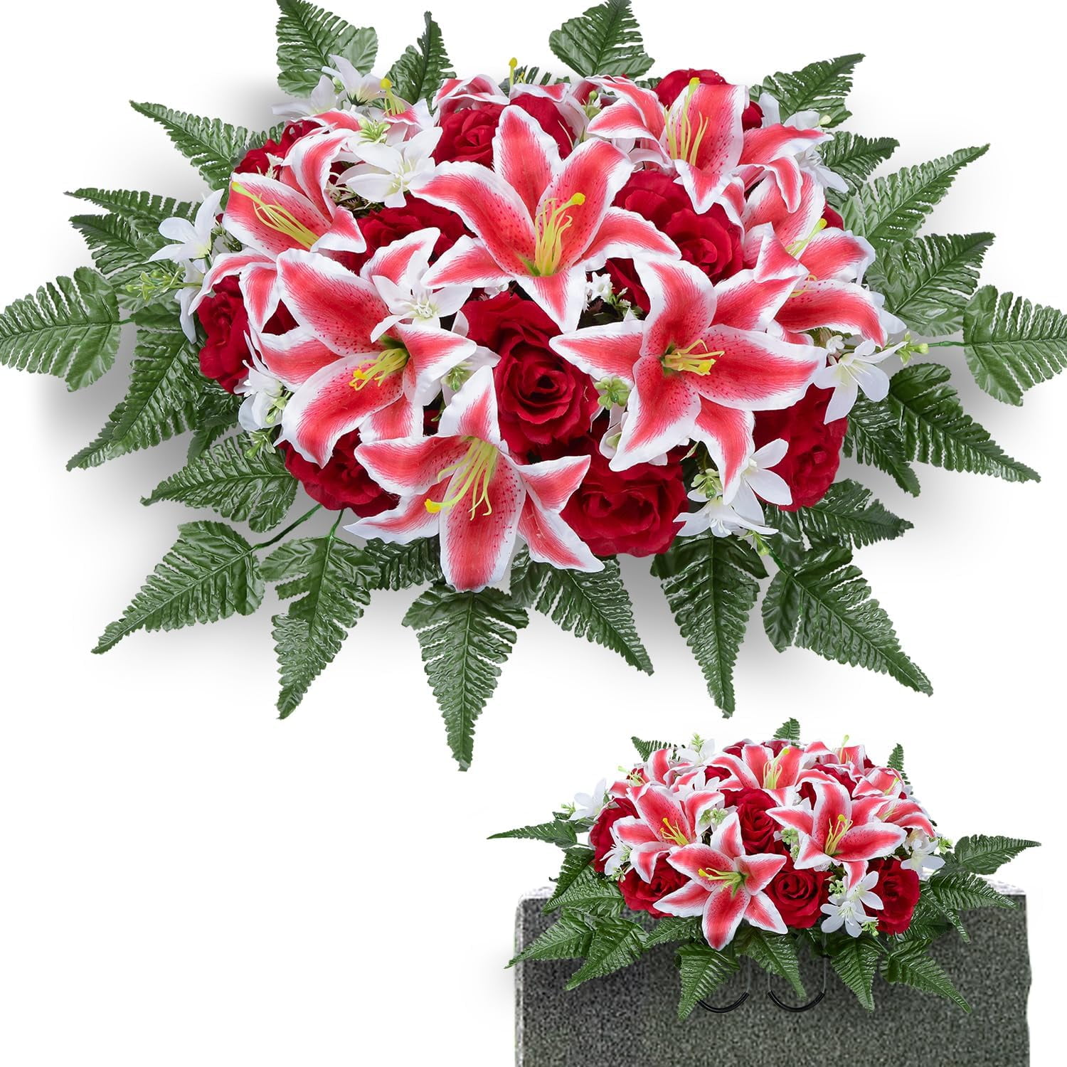 Artificial Cemetery Flower for Graves, Cemetery Memorial Flowers with Vase for Gravesite Outdoor