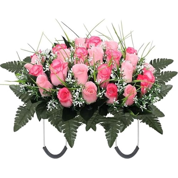 Artificial Cemetery Flower Headstone Flower Saddle Grave Rose Flowers for Cemetery Non-Bleed Colors Windpoof (Pink)